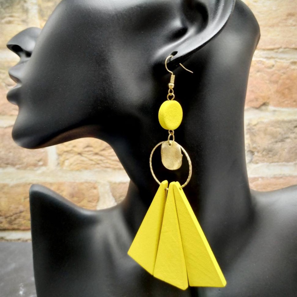 Yellow and Gold Dangle Wooden Earrings